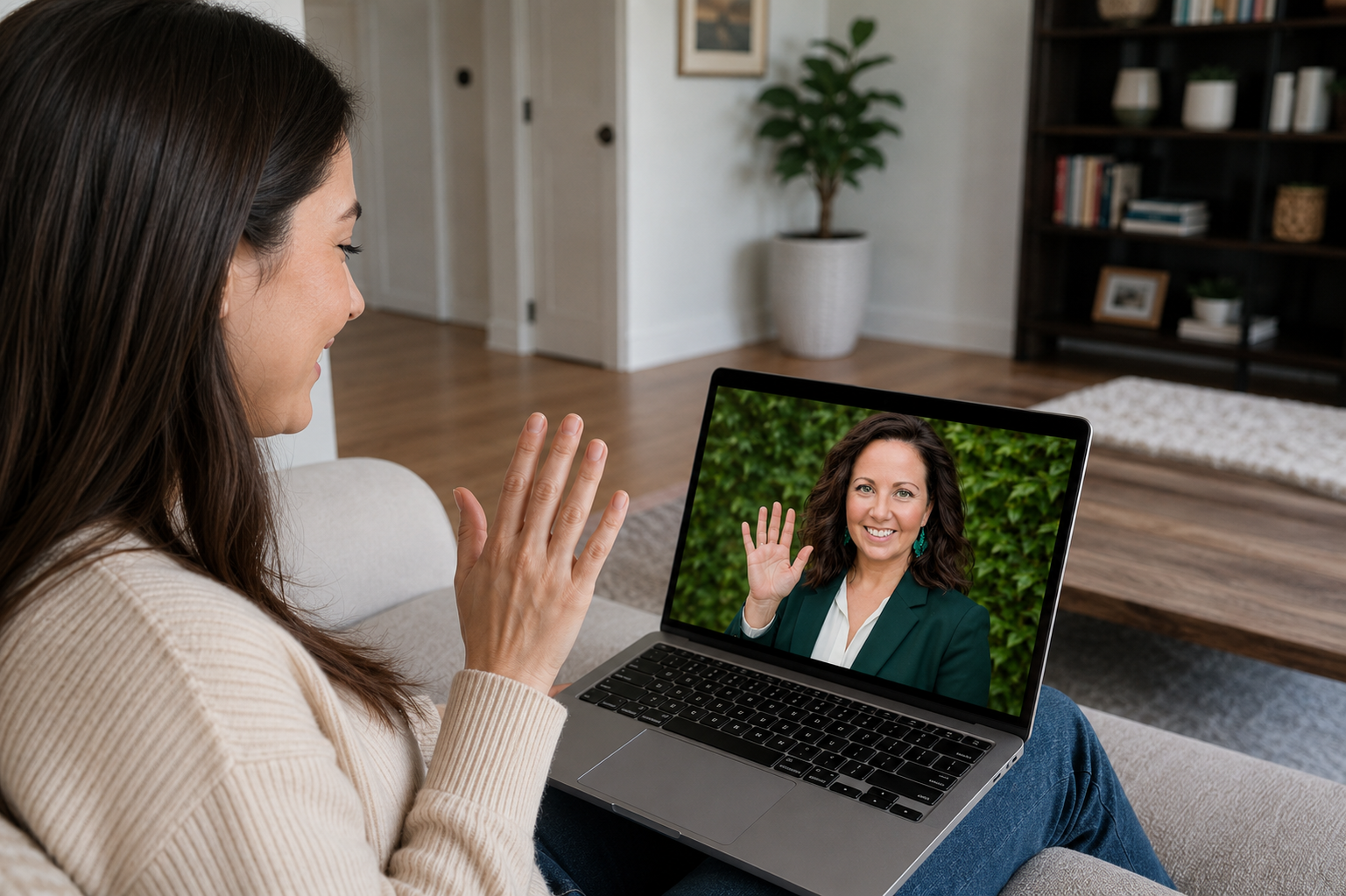Secure telehealth therapy session on laptop